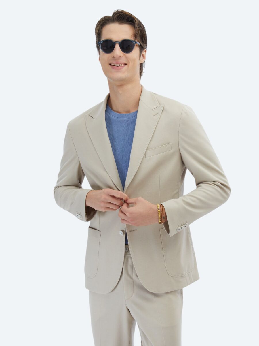 Bej Düz Modern Fit %100 Pamuk Örme Takım Elbise - 5