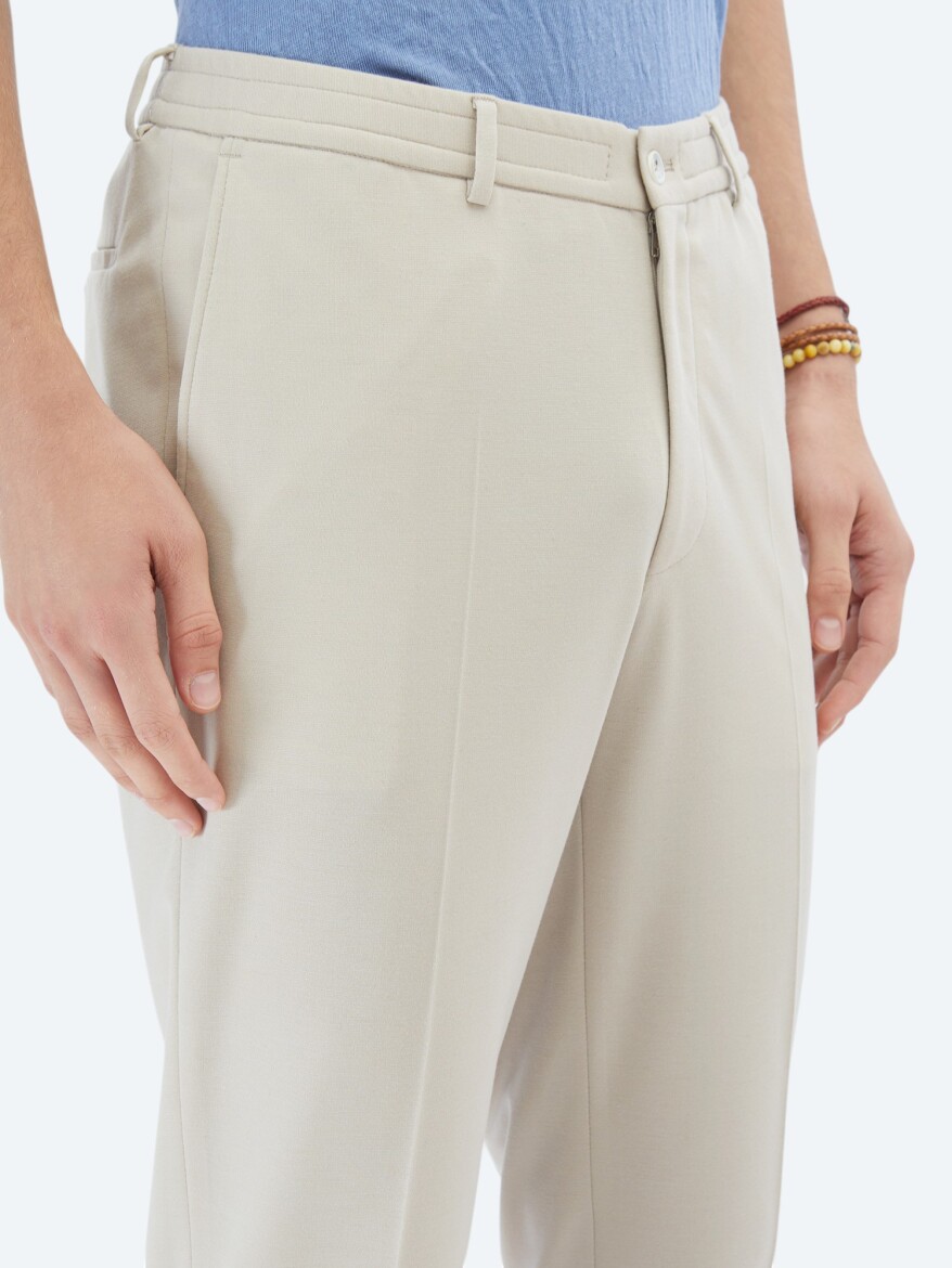 Bej Düz Modern Fit %100 Pamuk Örme Takım Elbise - 8