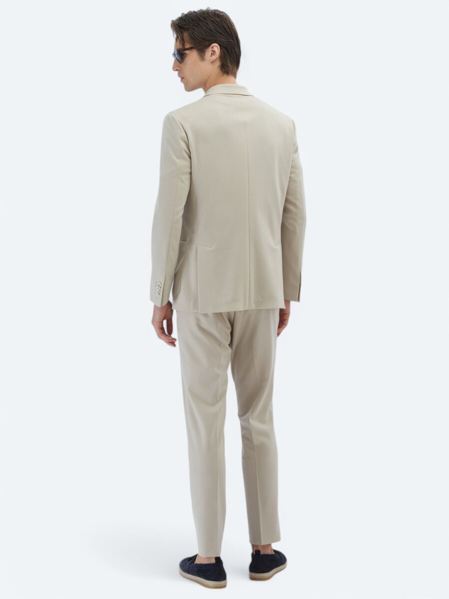 Bej Düz Modern Fit %100 Pamuk Örme Takım Elbise - 9