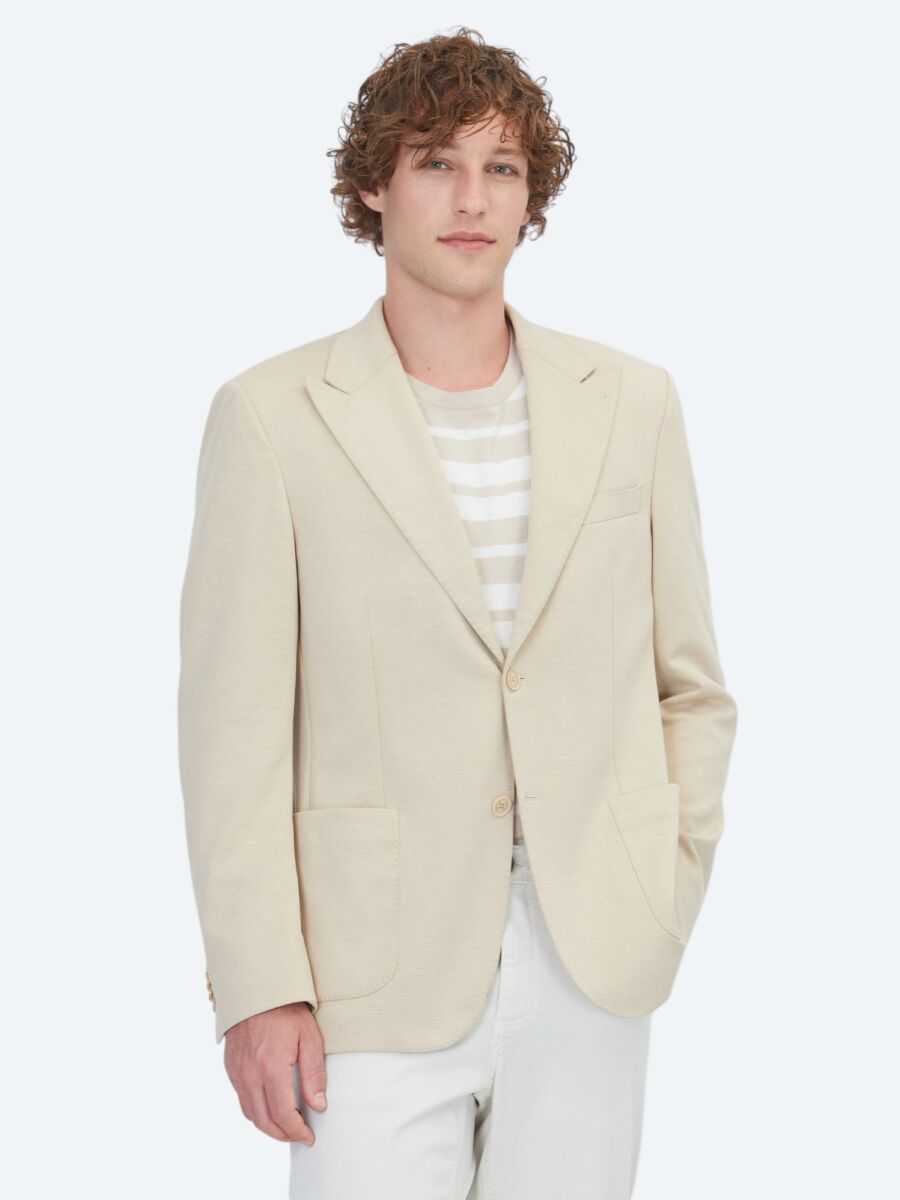 Bej Düz Modern Fit Pamuk Karışımlı Örme Ceket - 1