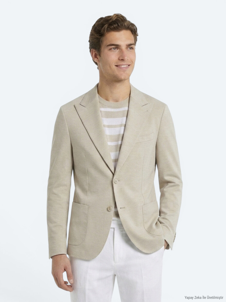 Bej Düz Modern Fit Pamuk Karışımlı Örme Ceket - KİP