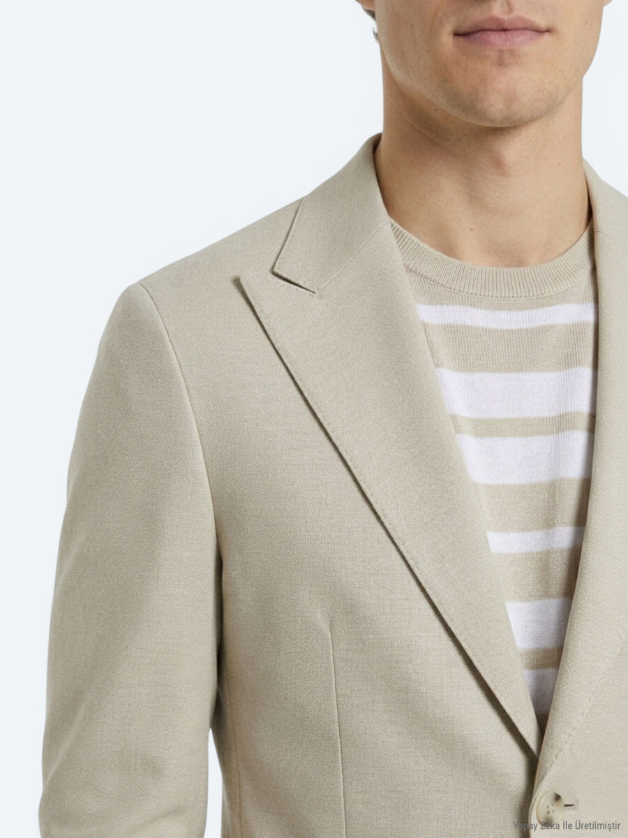 Bej Düz Modern Fit Pamuk Karışımlı Örme Ceket - 3