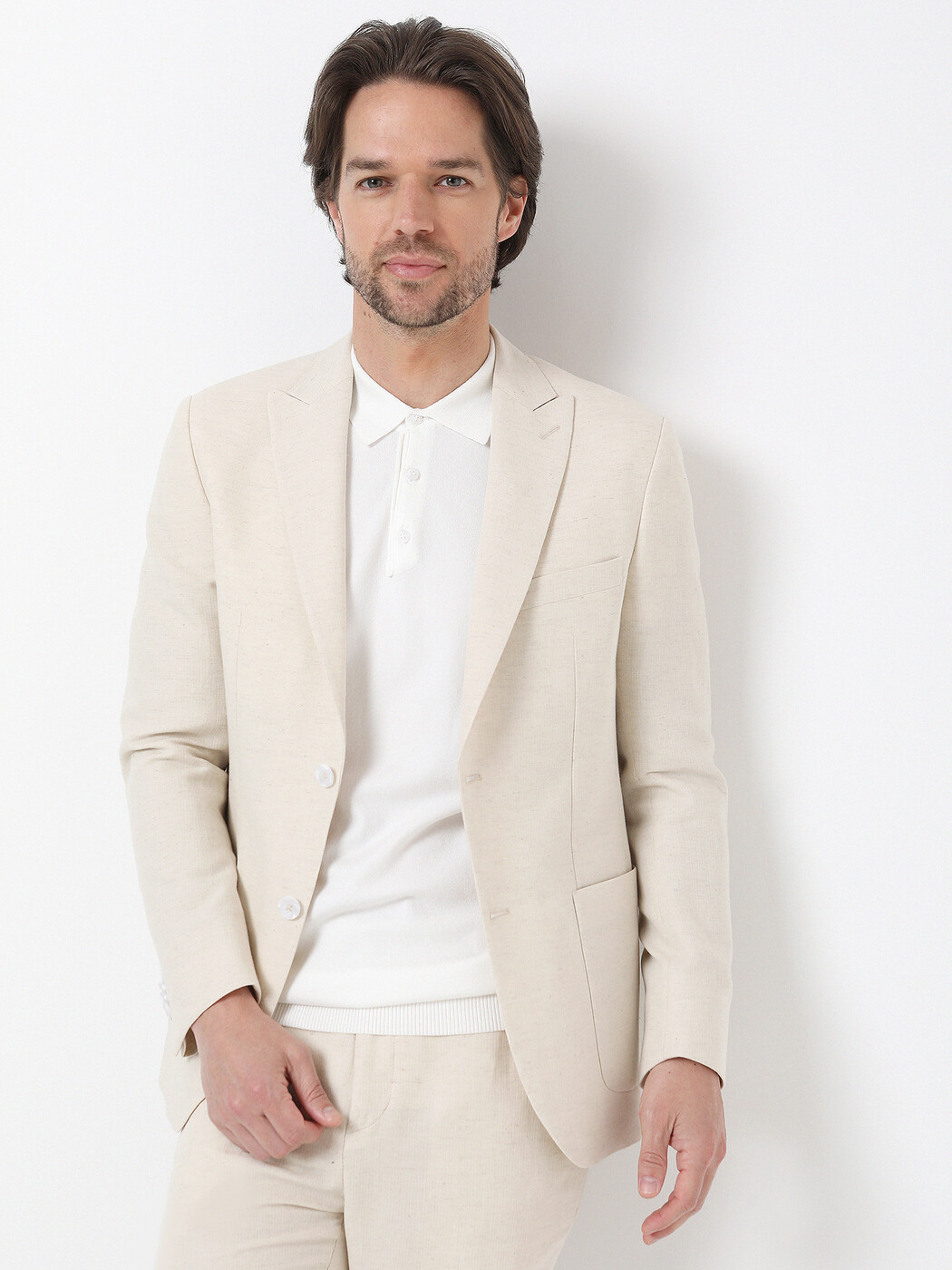 Bej Düz Modern Fit Pamuk Karışımlı Takım Elbise - 3