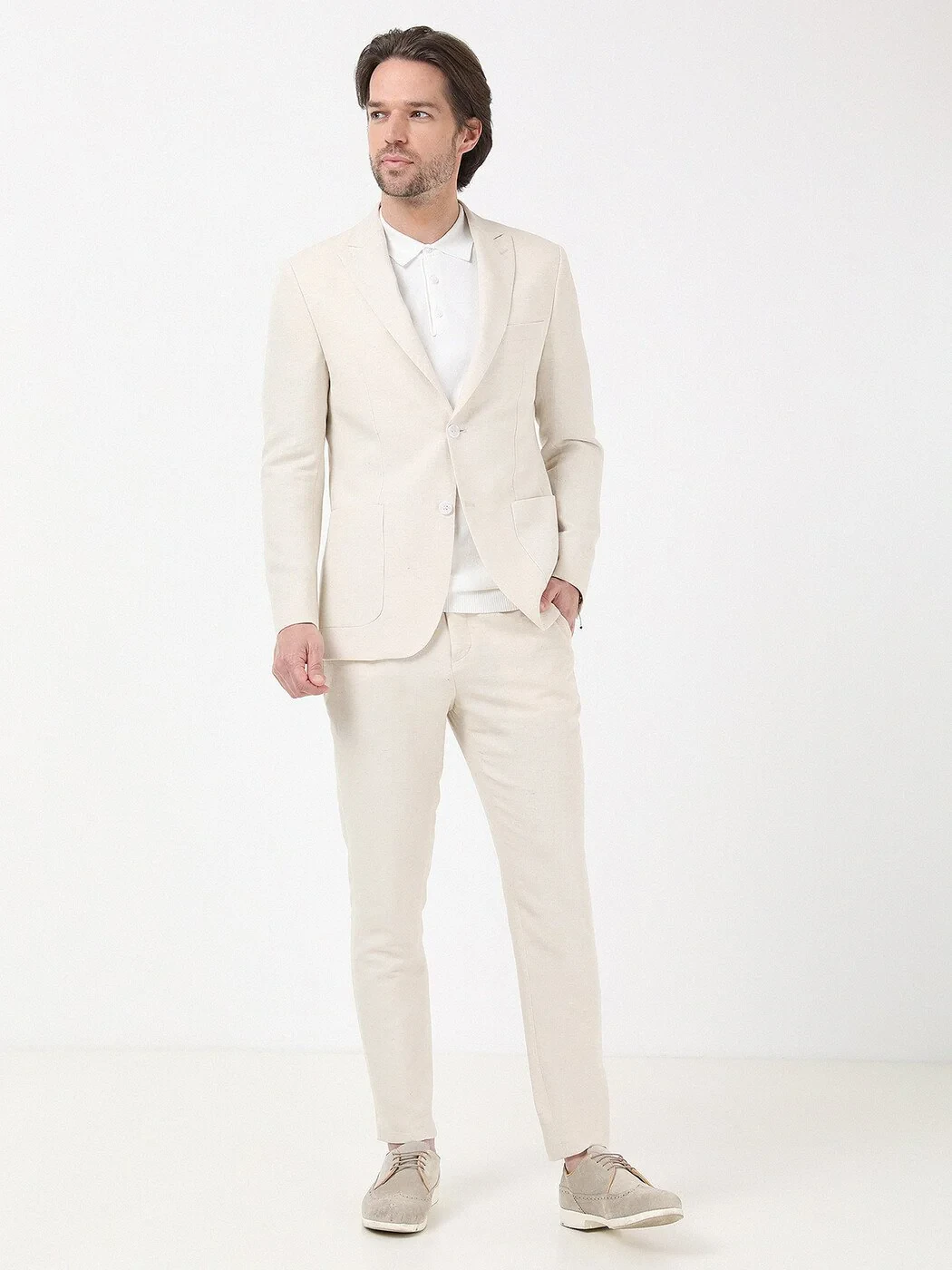 Bej Düz Modern Fit Pamuk Karışımlı Takım Elbise - 1
