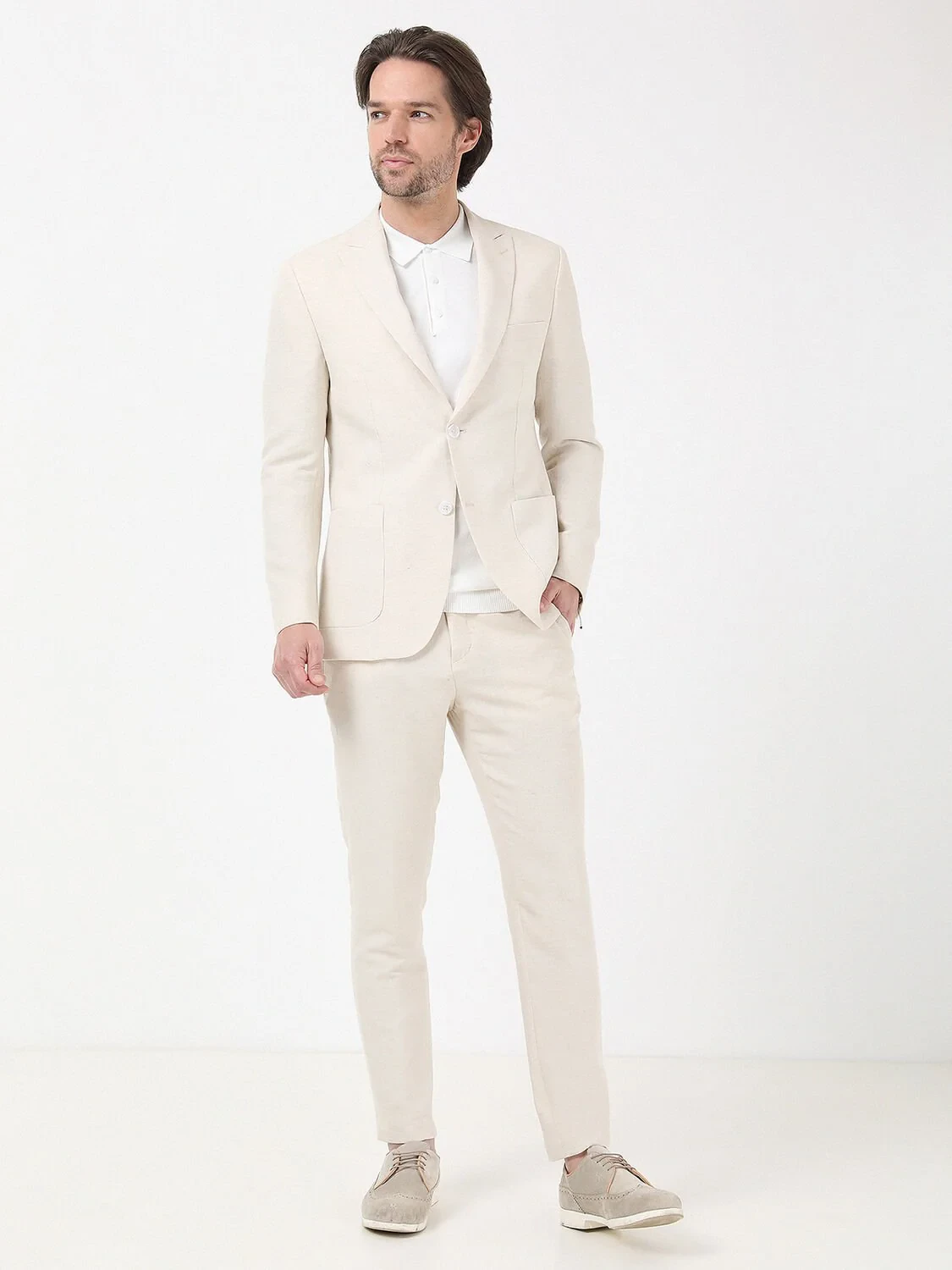 Bej Düz Modern Fit Pamuk Karışımlı Takım Elbise - 1