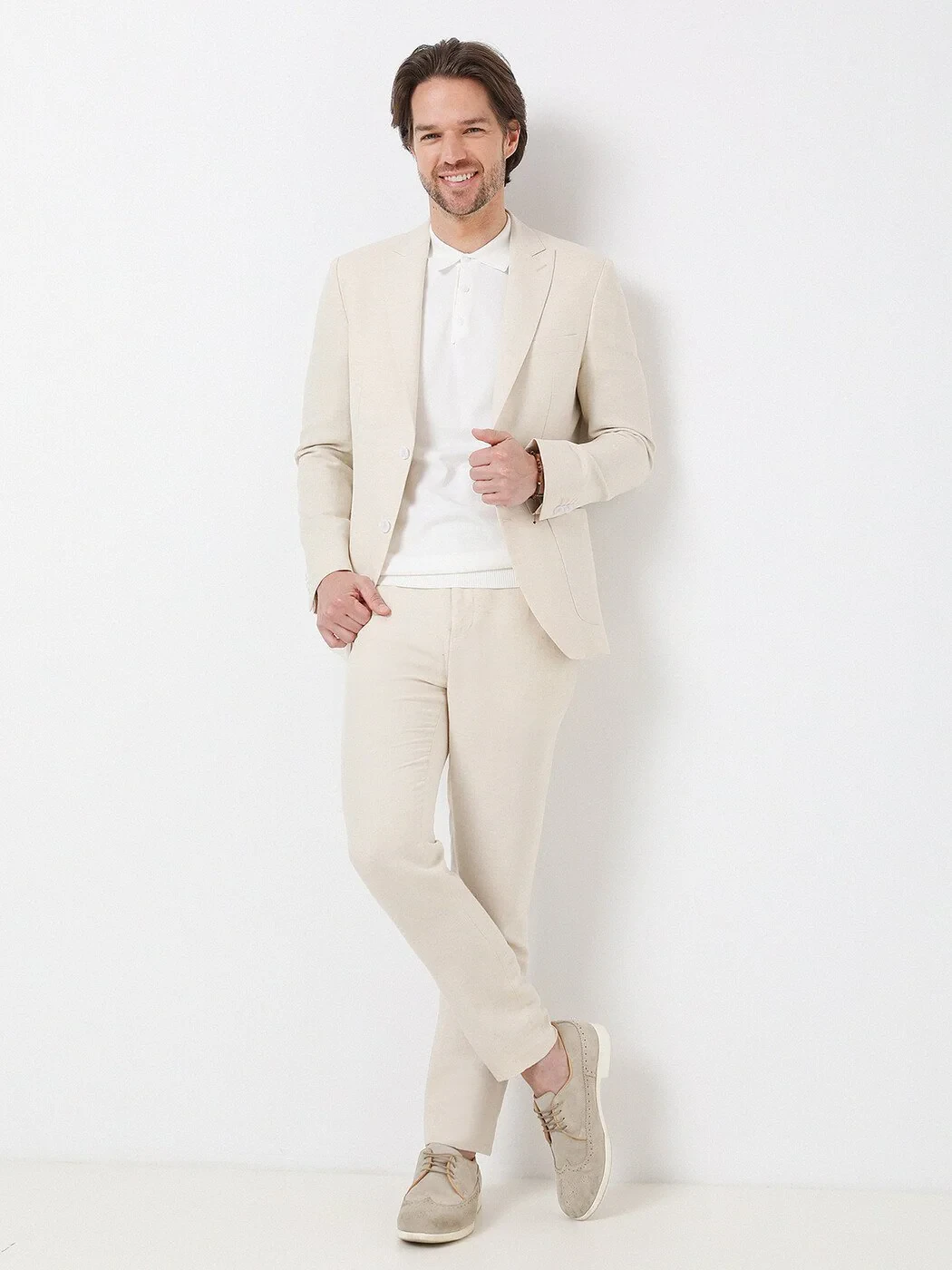 Bej Düz Modern Fit Pamuk Karışımlı Takım Elbise - 2