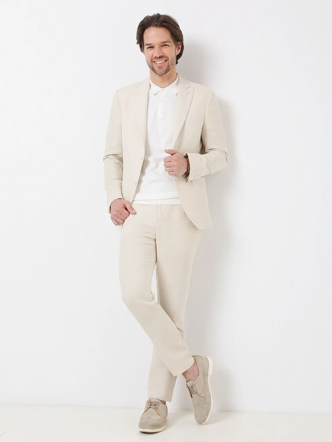 Bej Düz Modern Fit Pamuk Karışımlı Takım Elbise - 2