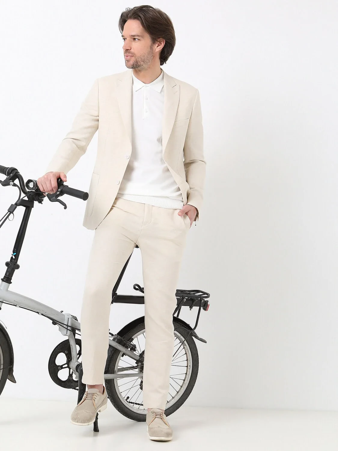 Bej Düz Modern Fit Pamuk Karışımlı Takım Elbise - 4