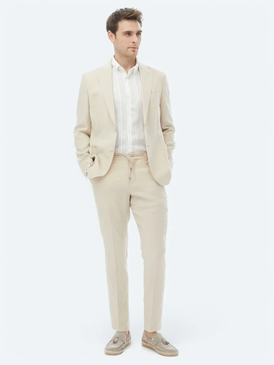 Bej Düz Modern Fit Takım Elbise - 3