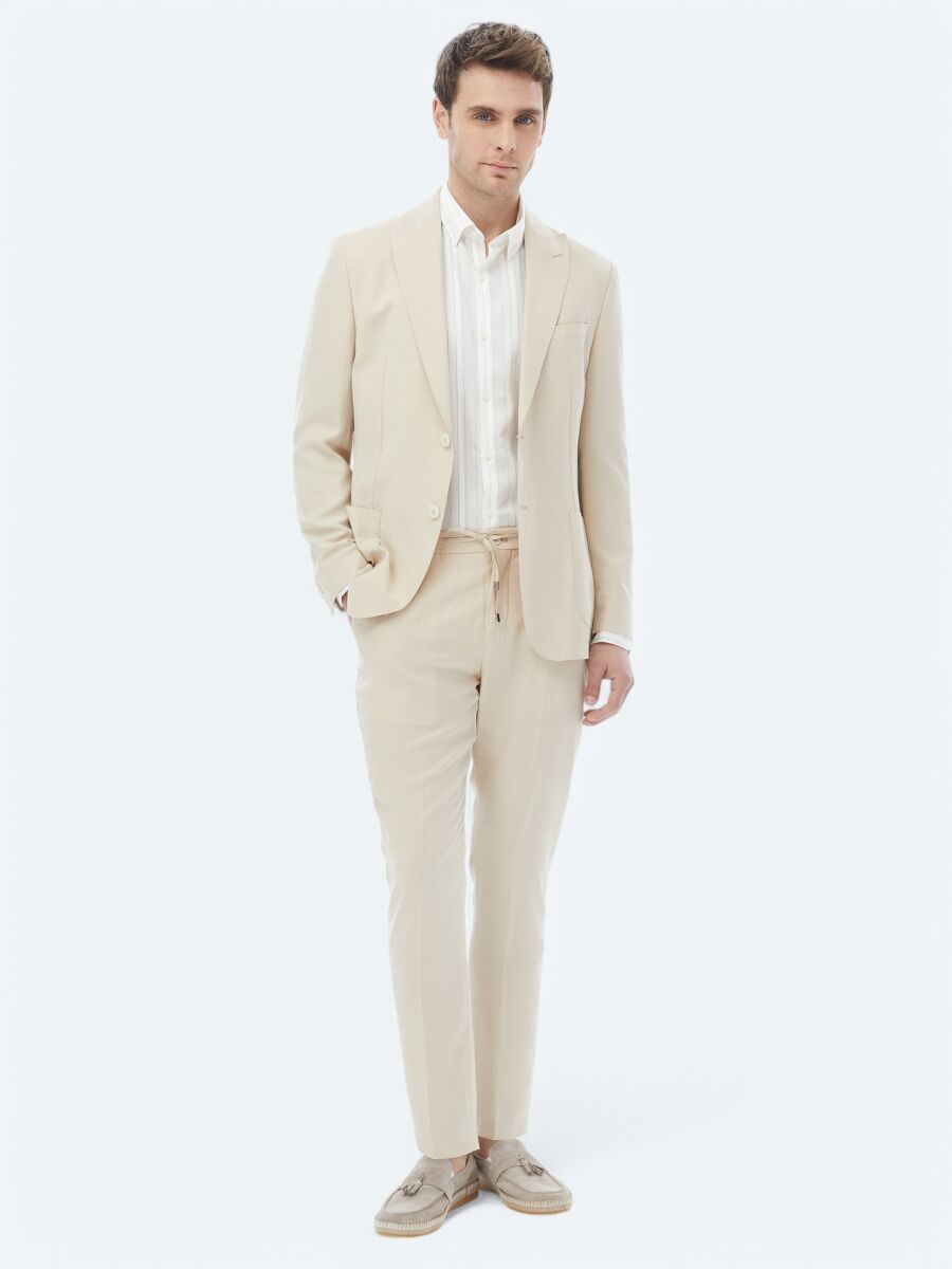 Bej Düz Modern Fit Takım Elbise - 1