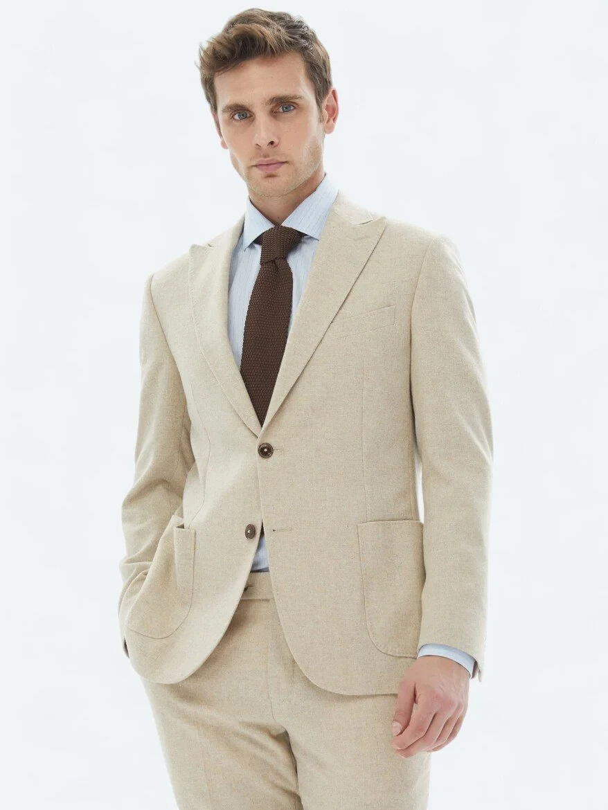 Bej Düz Modern Fit Yün Karışımlı Takım Elbise - 1