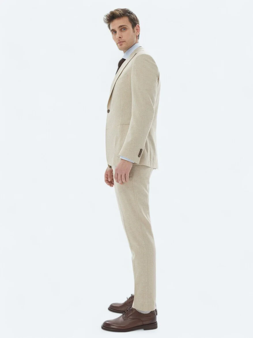 Bej Düz Modern Fit Yün Karışımlı Takım Elbise - 4