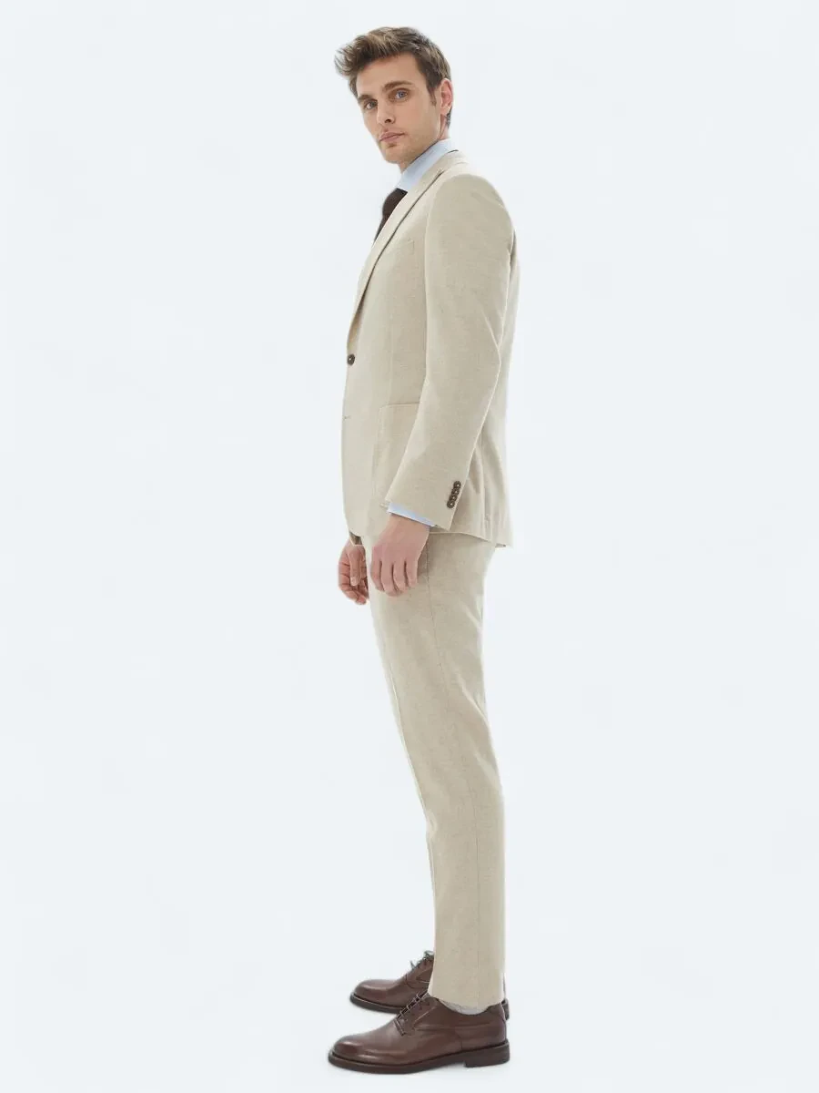 Bej Düz Modern Fit Yün Karışımlı Takım Elbise - 4