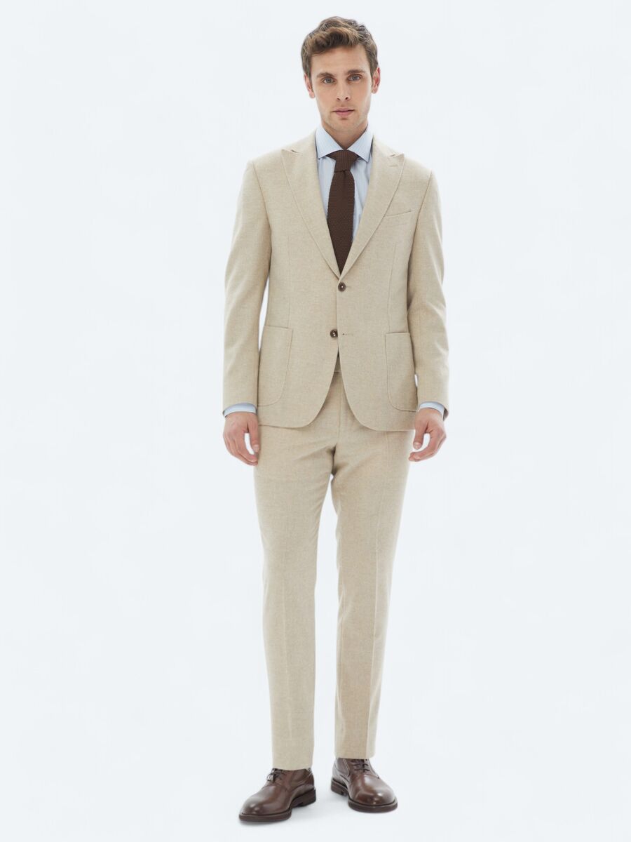 Bej Düz Modern Fit Yün Karışımlı Takım Elbise - 2