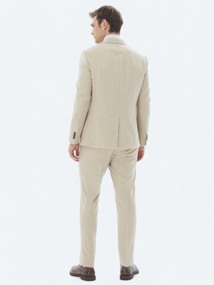 Bej Düz Modern Fit Yün Karışımlı Takım Elbise - 7