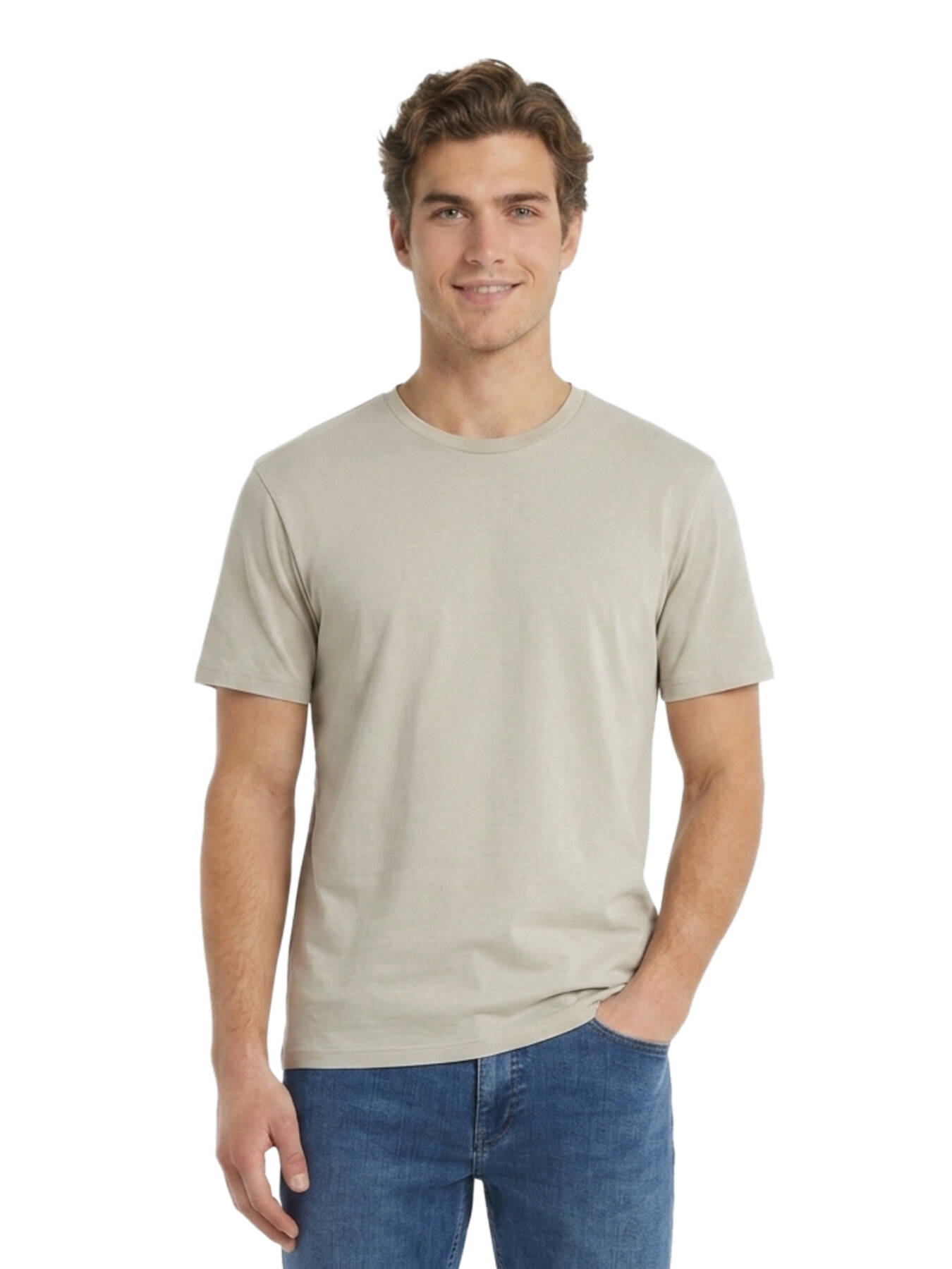 Bej Düz Pamuk Karışımlı T-Shirt