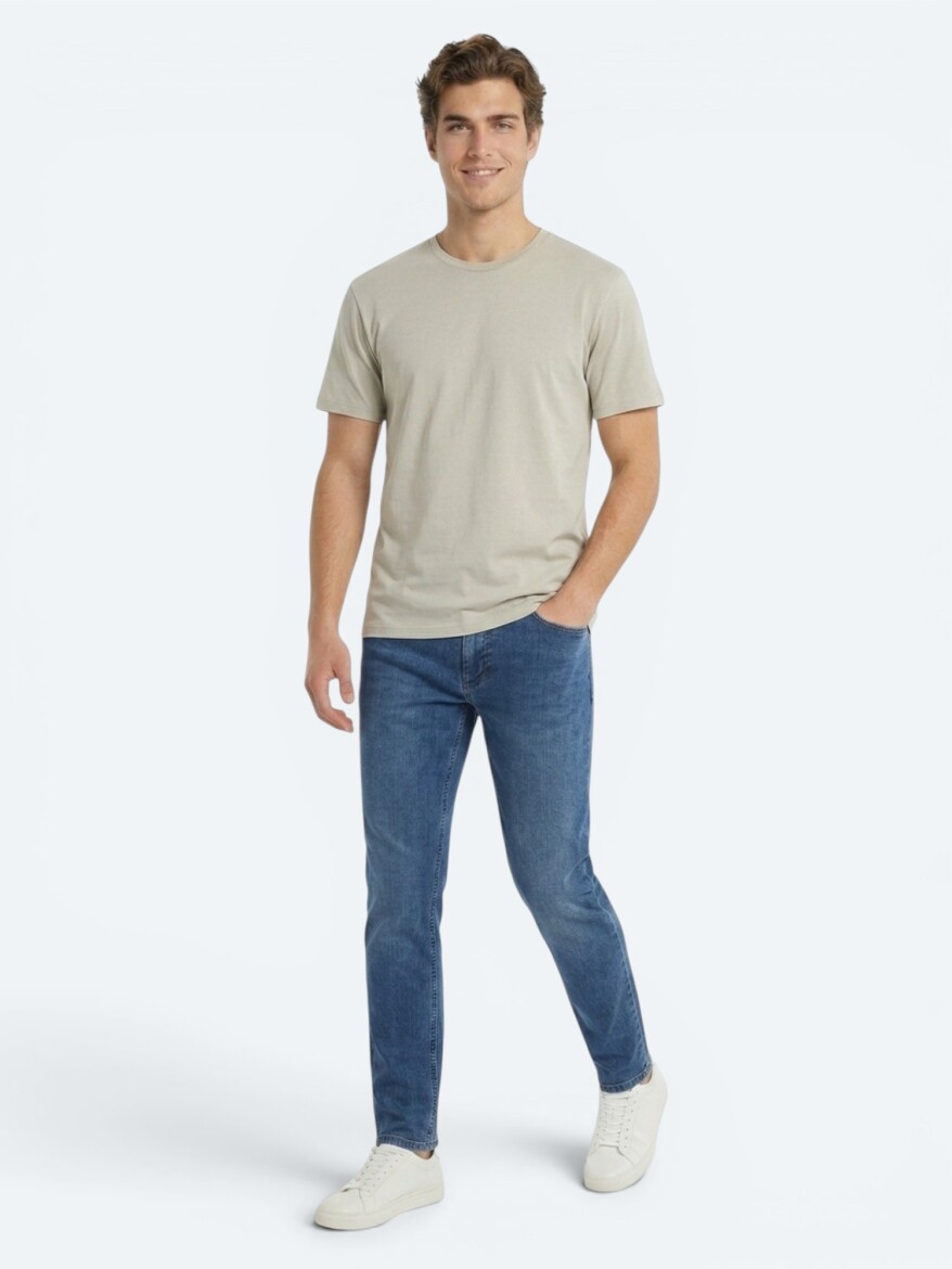 Bej Düz Pamuk Karışımlı T-Shirt - 2