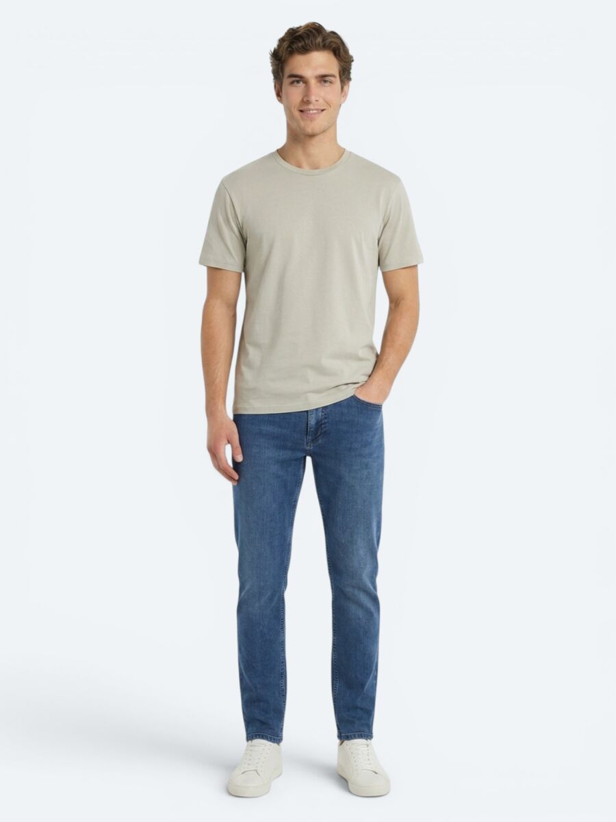 Bej Düz Pamuk Karışımlı T-Shirt - 4