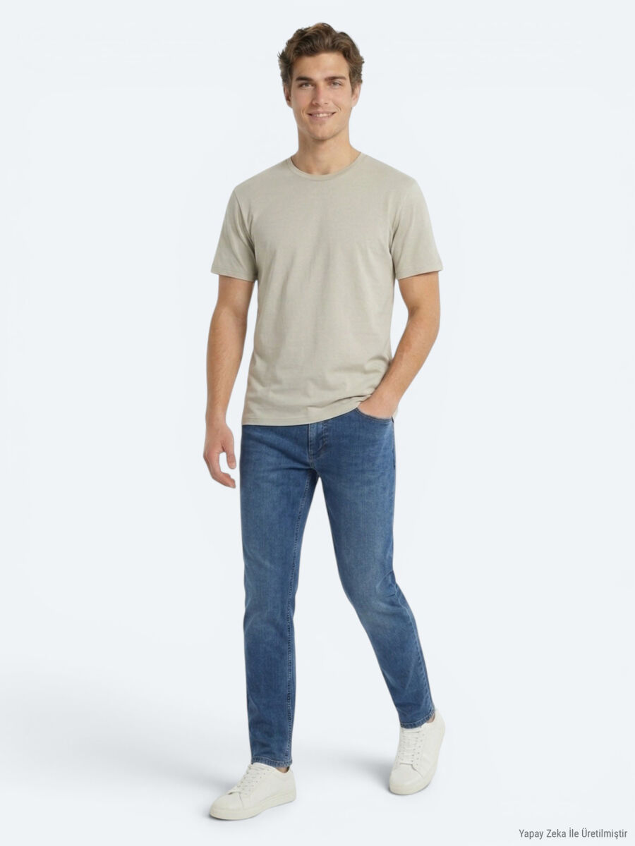 Bej Düz Pamuk Karışımlı T-Shirt - 2