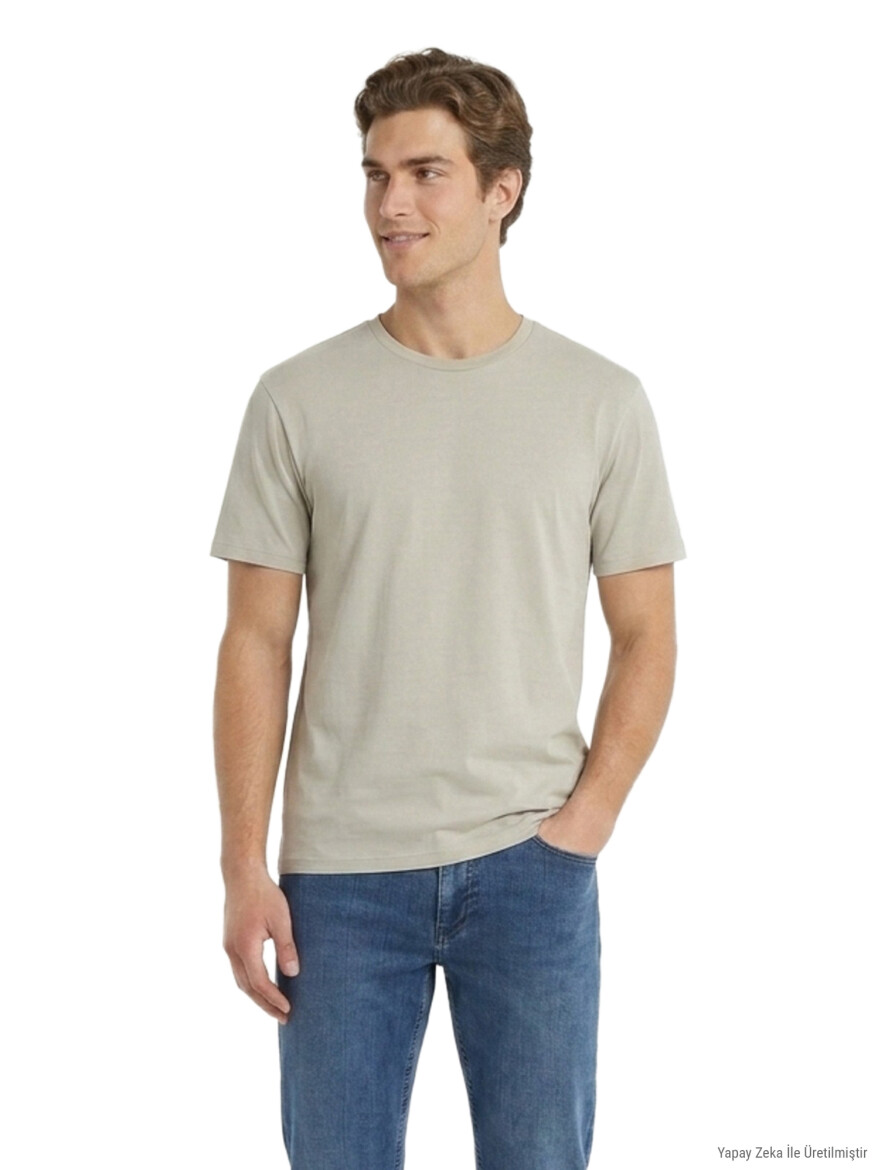 Bej Düz Pamuk Karışımlı T-Shirt - 3