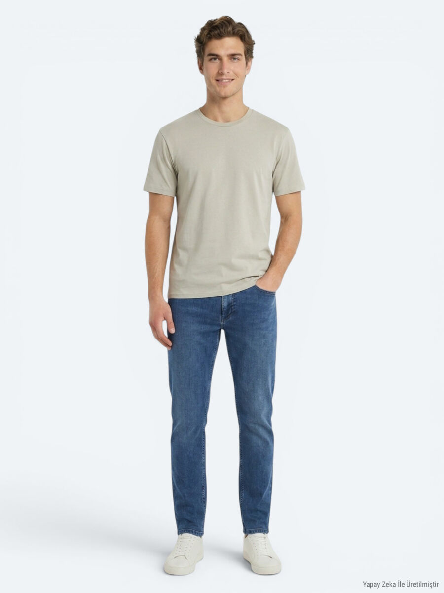 Bej Düz Pamuk Karışımlı T-Shirt - 4