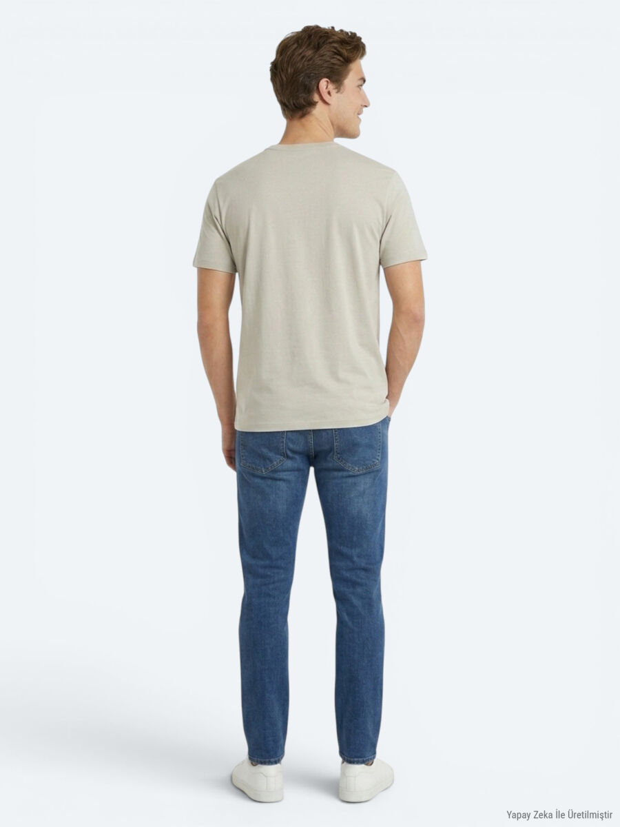 Bej Düz Pamuk Karışımlı T-Shirt - 5