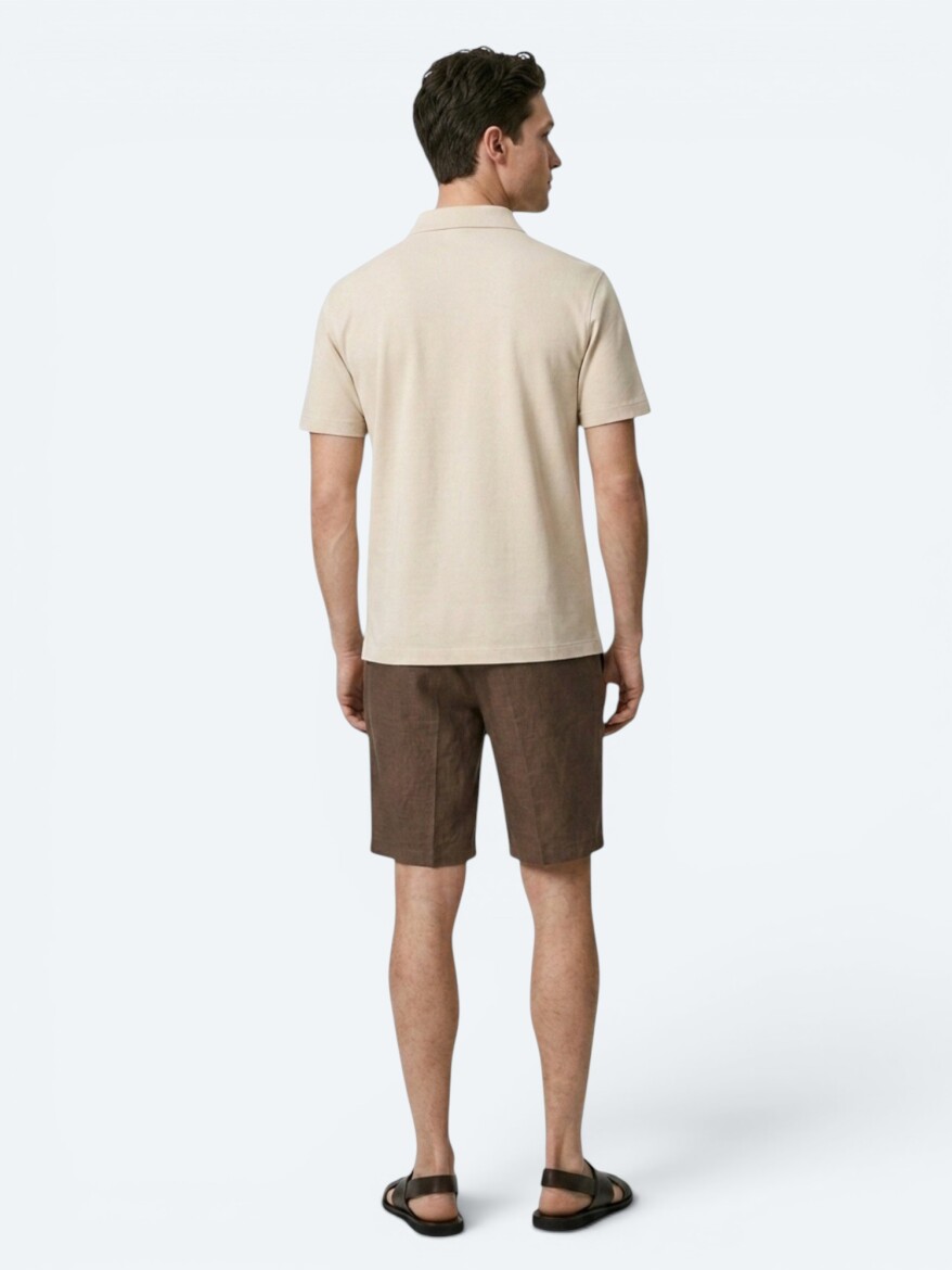 Bej Düz Pamuk Karışımlı T-Shirt - 5