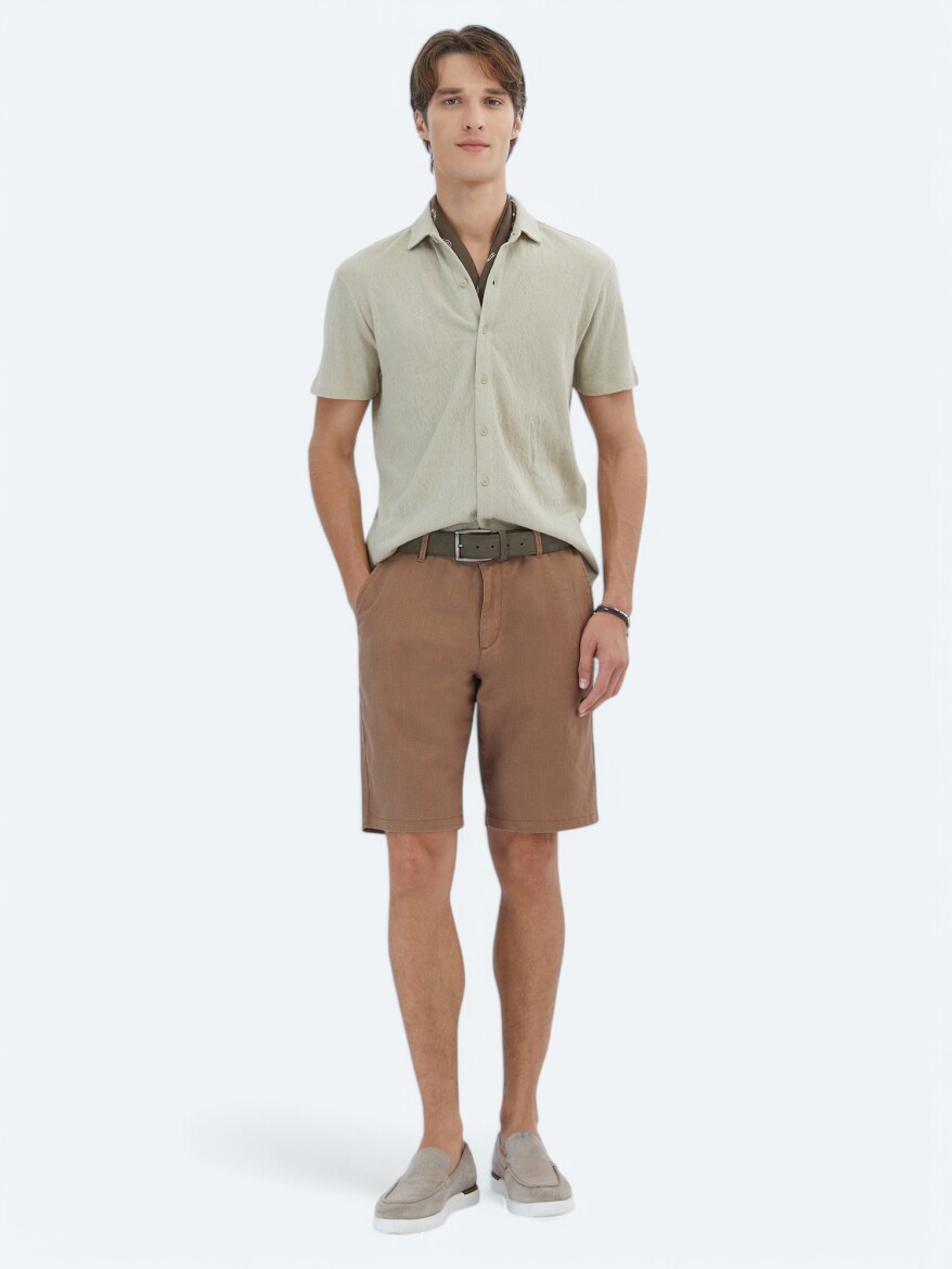 Bej Düz Regular Fit Casual Pamuk Karışımlı Gömlek - 2