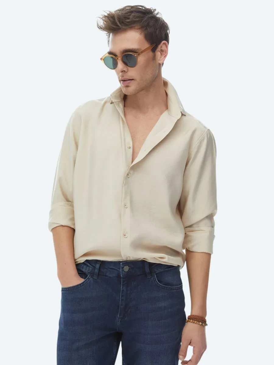 Bej Düz Regular Fit Dokuma Casual Gömlek - 1