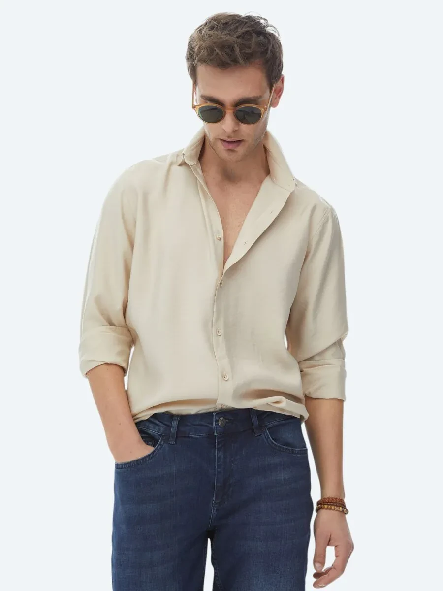 Bej Düz Regular Fit Dokuma Casual Gömlek - 6