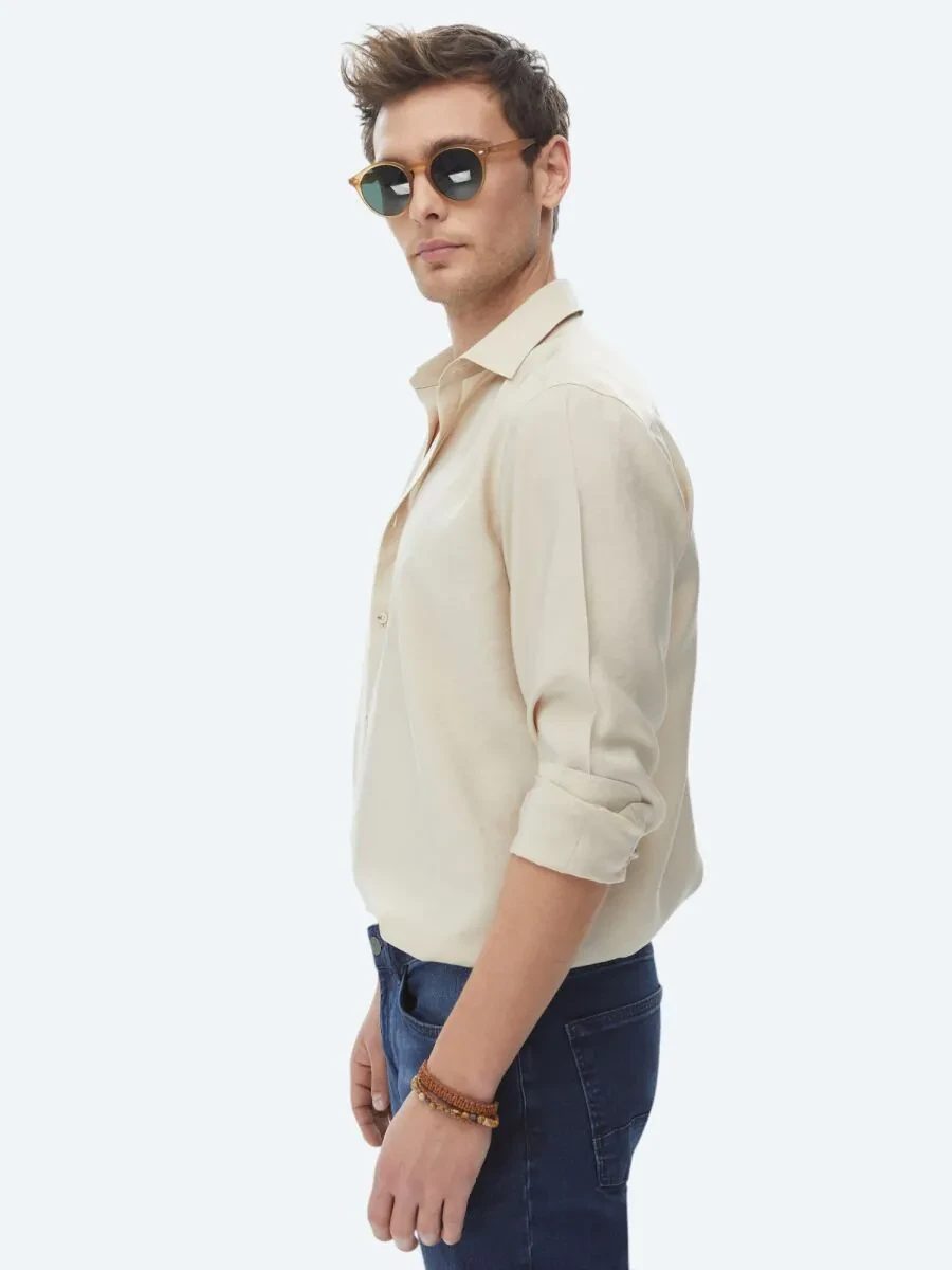 Bej Düz Regular Fit Dokuma Casual Gömlek - 8