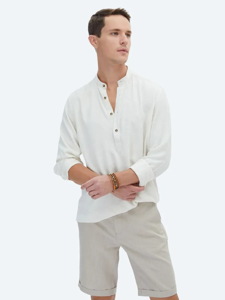 Bej Düz Regular Fit Dokuma Casual Keten Karışımlı Gömlek - 1