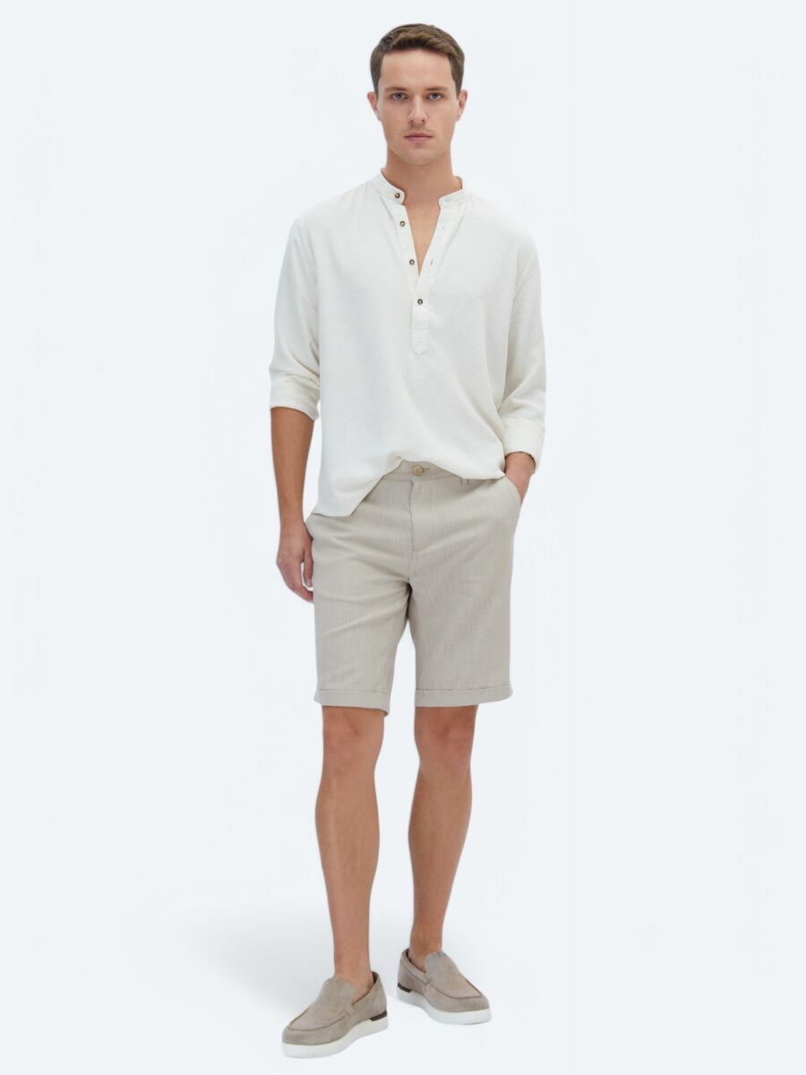 Bej Düz Regular Fit Dokuma Casual Keten Karışımlı Gömlek - 2