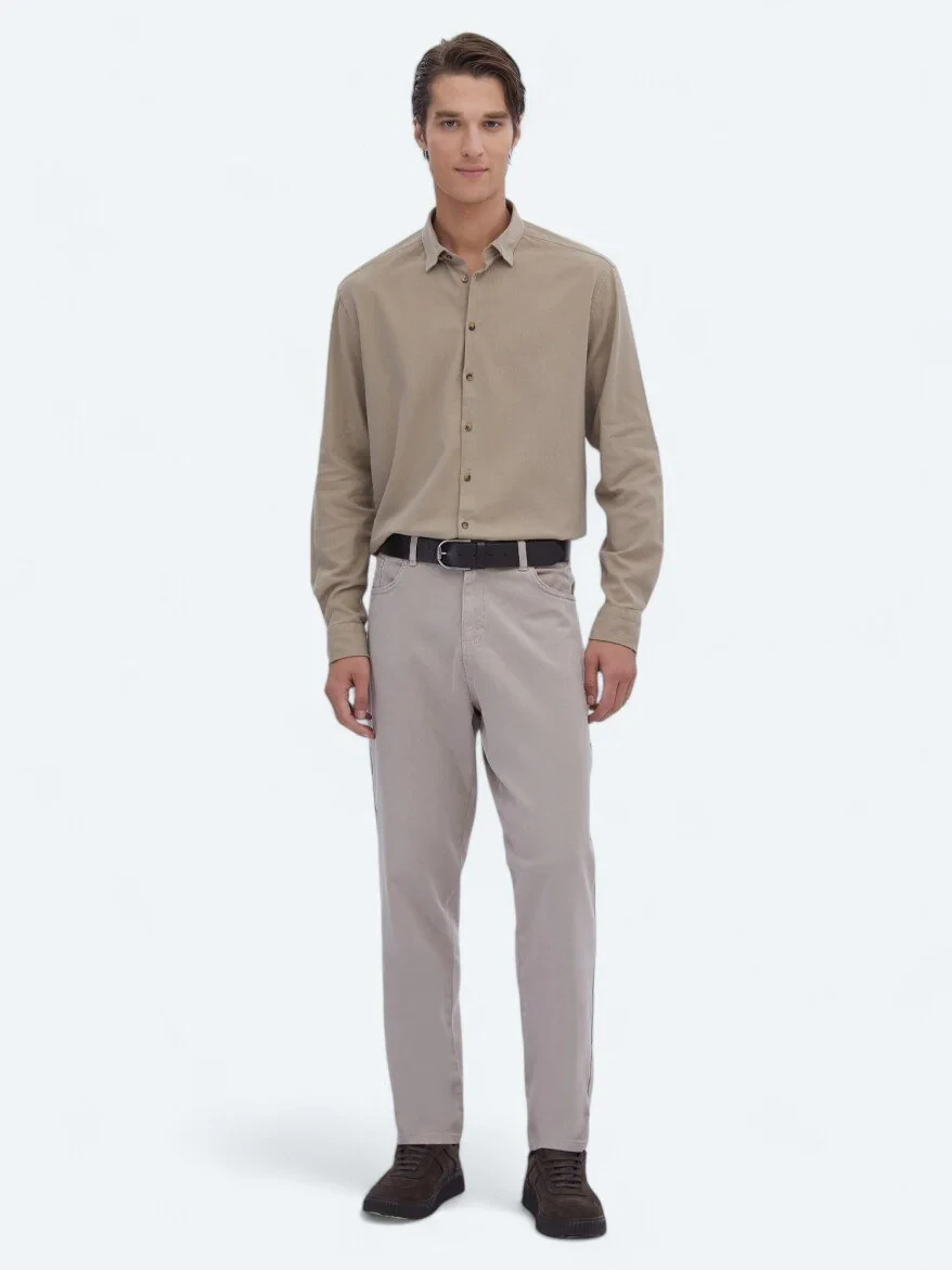 Bej Düz Regular Fit Dokuma Casual Pamuk Karışımlı Gömlek - 2