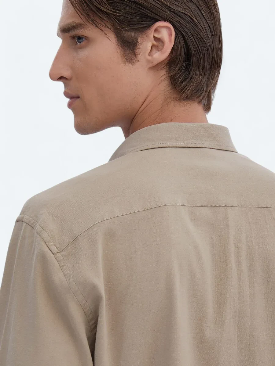Bej Düz Regular Fit Dokuma Casual Pamuk Karışımlı Gömlek - 4