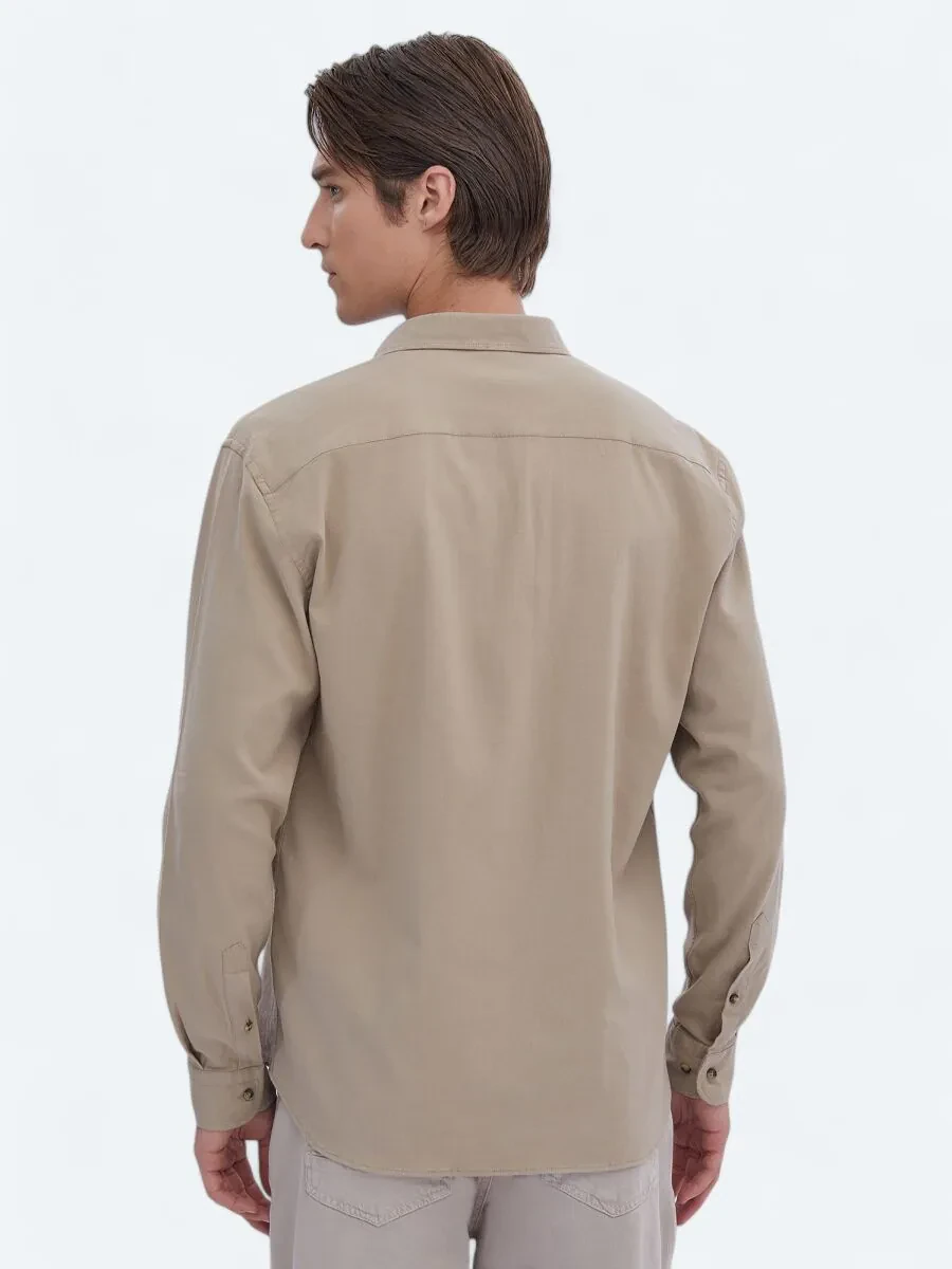 Bej Düz Regular Fit Dokuma Casual Pamuk Karışımlı Gömlek - 5