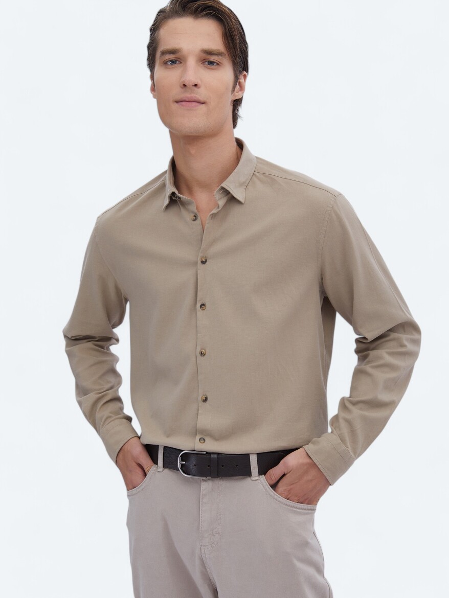 Bej Düz Regular Fit Dokuma Casual Pamuk Karışımlı Gömlek - 1
