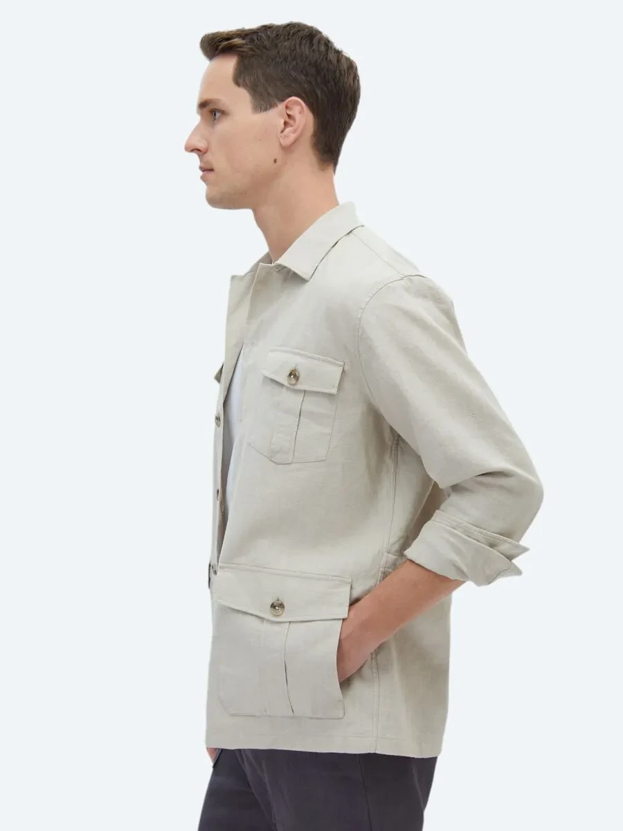 Bej Düz Regular Fit Dokuma Overshırt - 3