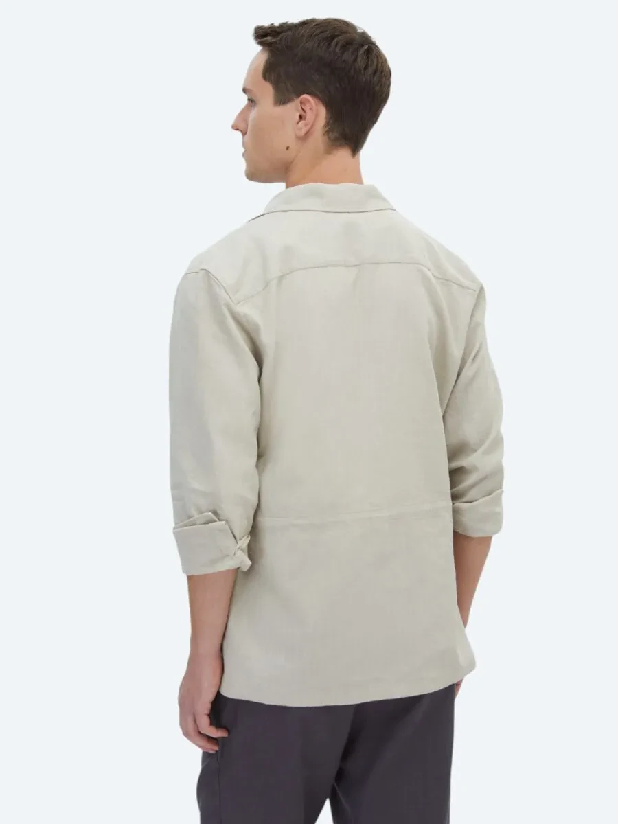 Bej Düz Regular Fit Dokuma Overshırt - 5
