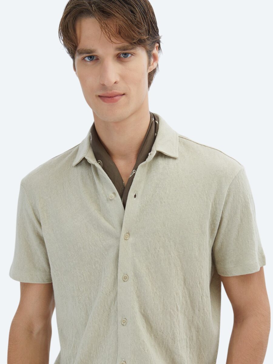 Bej Düz Regular Fit Kısa Casual Pamuk Karışımlı Gömlek - 3