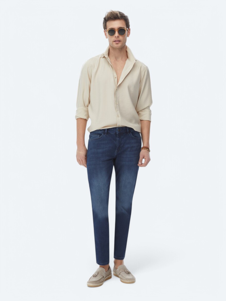 Bej Düz Regular Fit Uzun Dokuma Casual Gömlek - 3