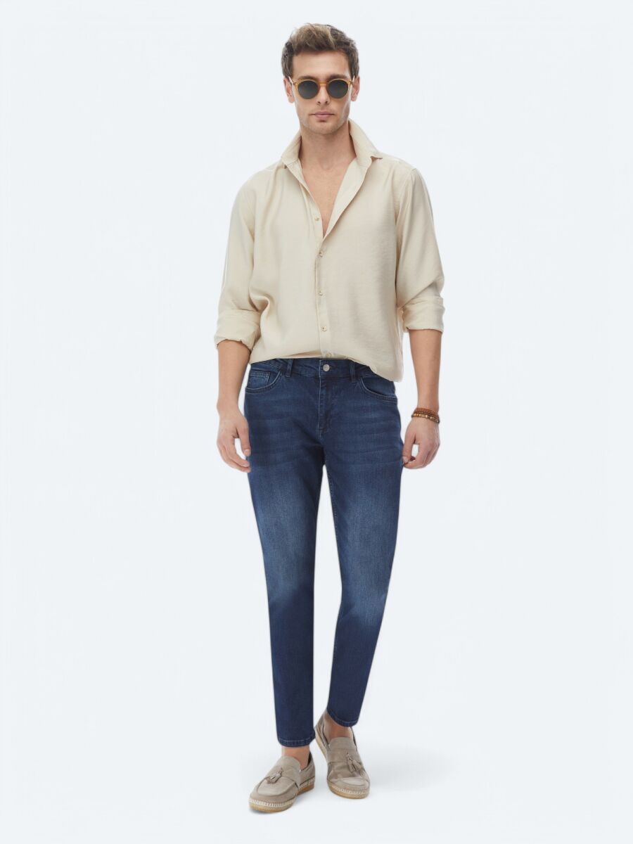 Bej Düz Regular Fit Uzun Dokuma Casual Gömlek - 7