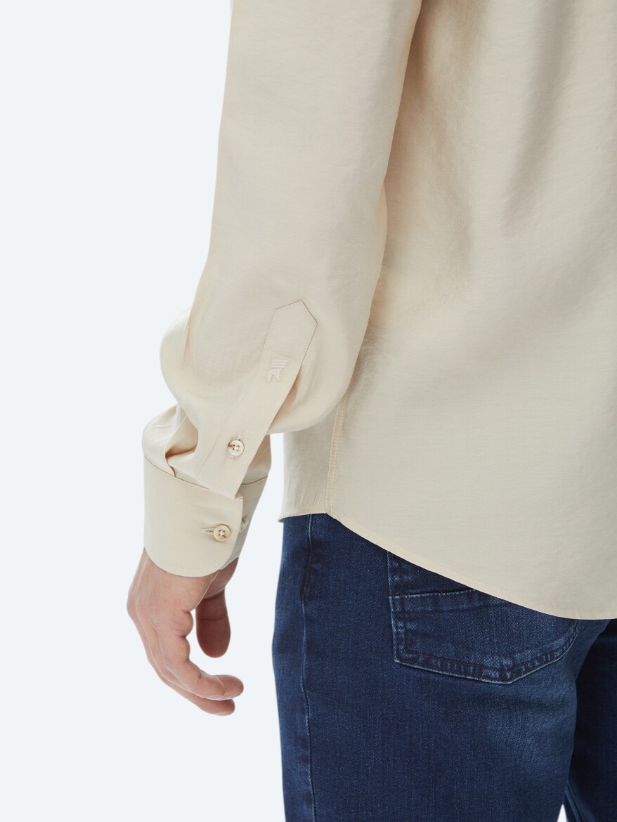 Bej Düz Regular Fit Uzun Dokuma Casual Gömlek - 9