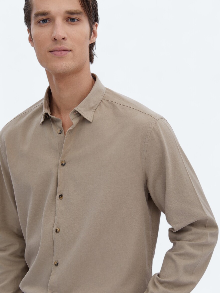 Bej Düz Regular Fit Uzun Dokuma Casual Pamuk Karışımlı Gömlek - 3