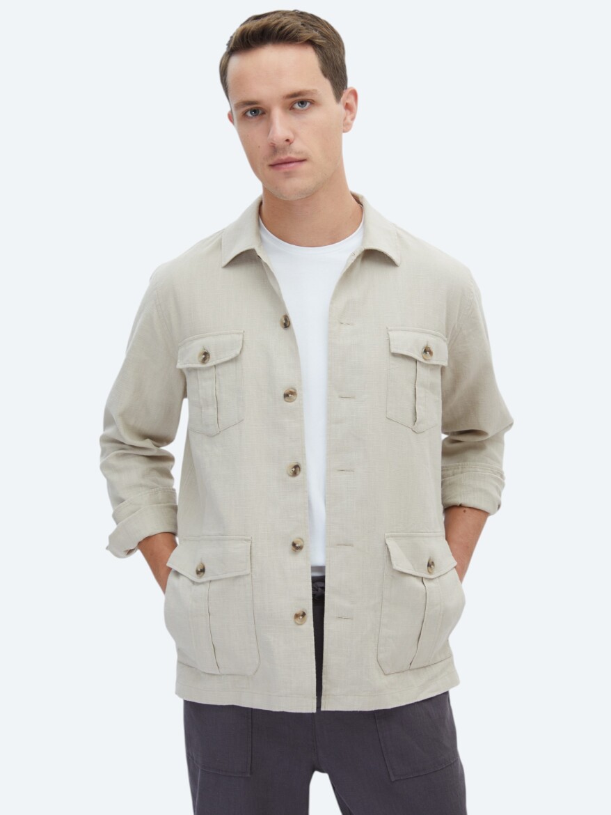 Bej Düz Regular Fit Uzun Dokuma Overshırt - KİP