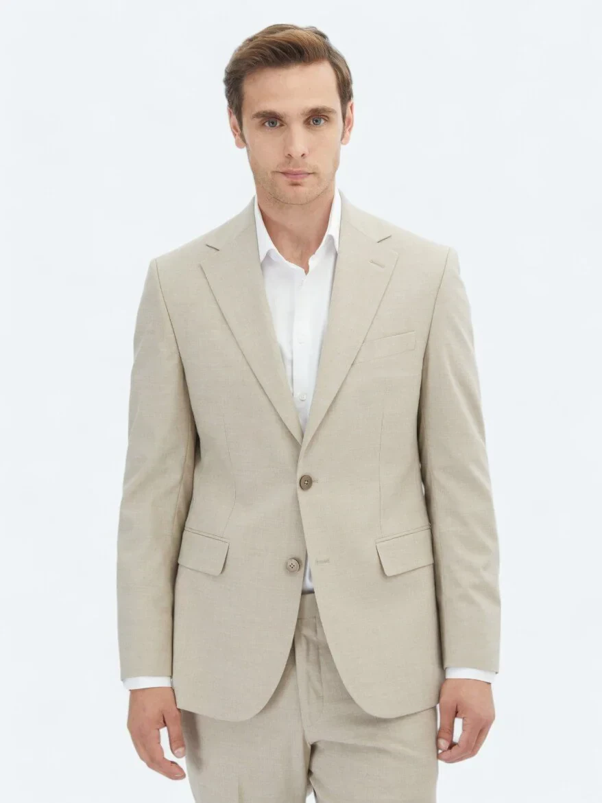 Bej Düz Slim Fit Takım Elbise - KİP