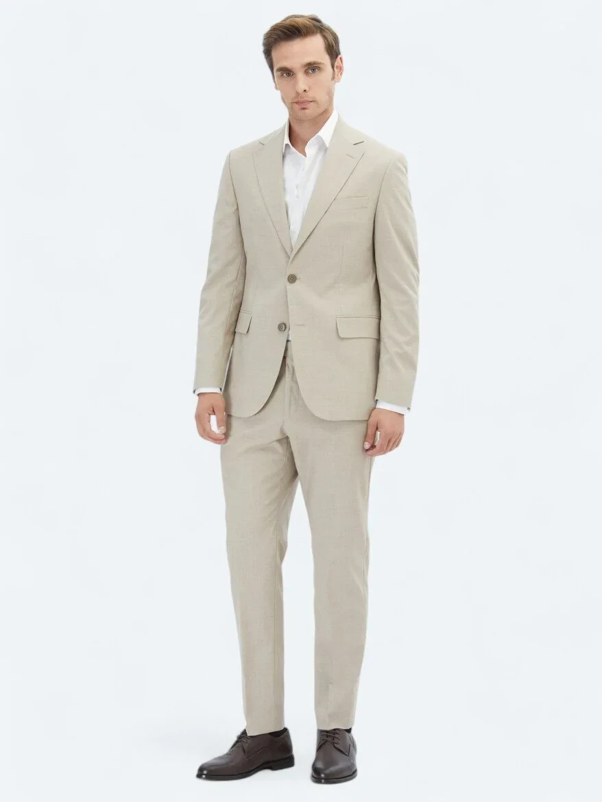 Bej Düz Slim Fit Takım Elbise - KİP