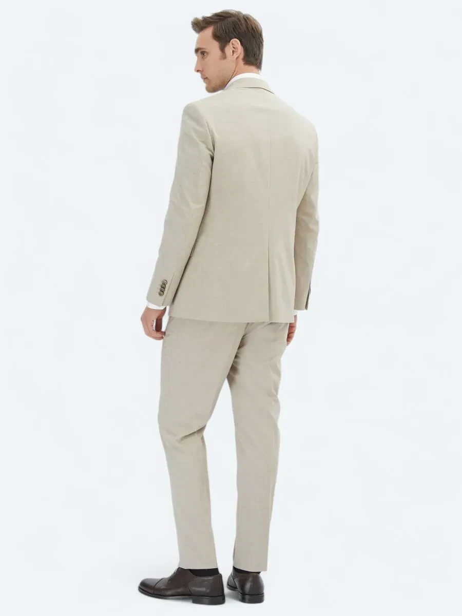 Bej Düz Slim Fit Takım Elbise - 5