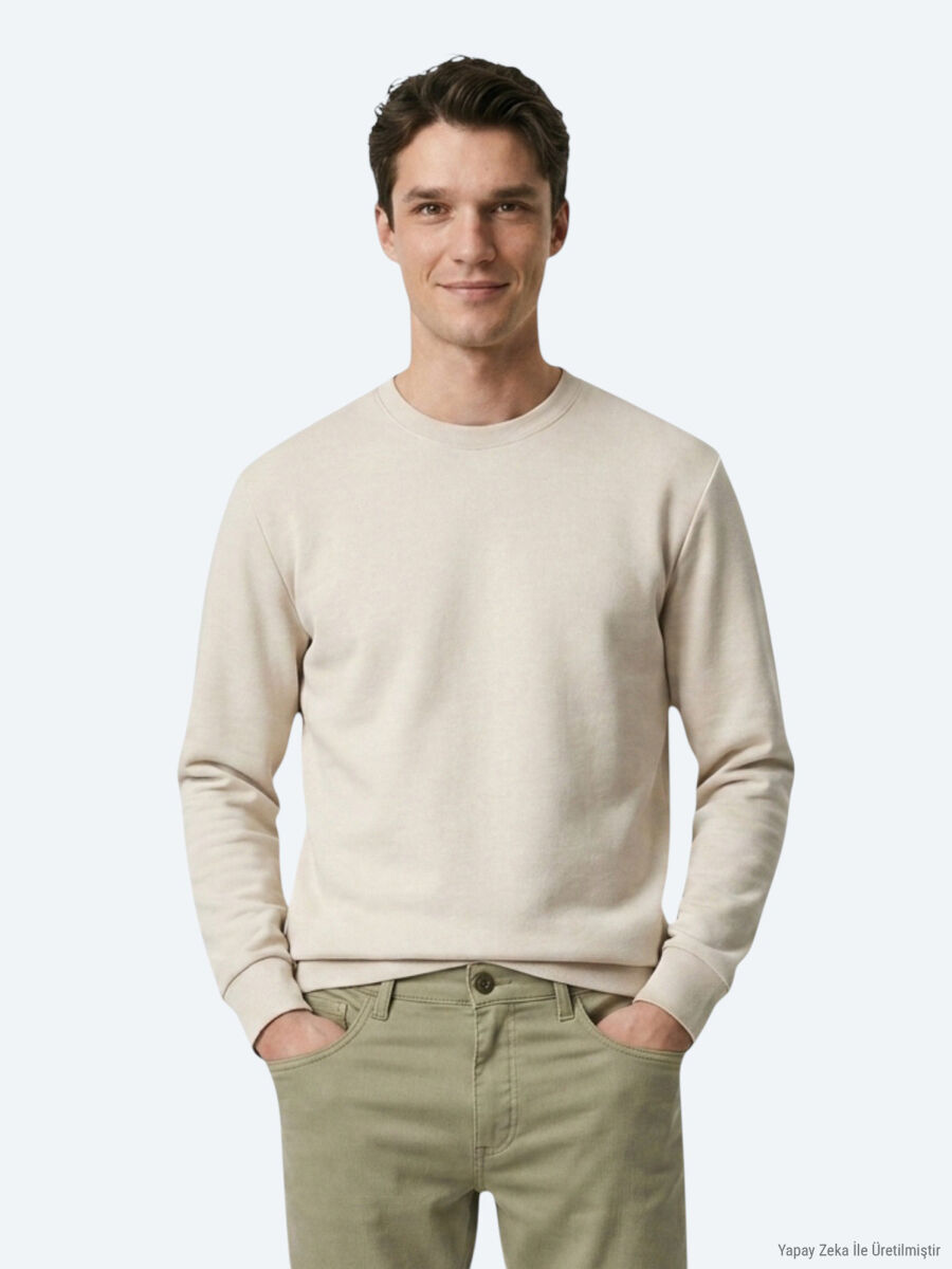 Bej Düz Sweatshırt - 1