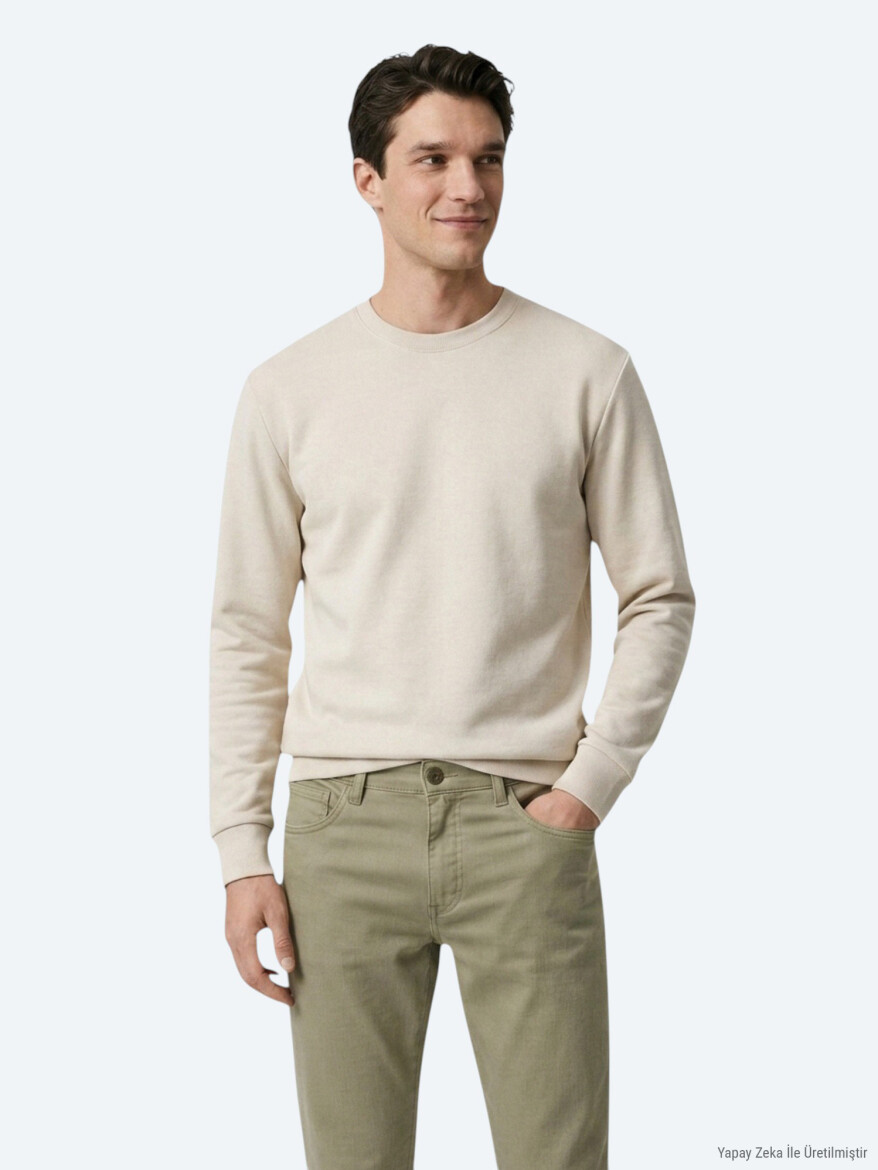 Bej Düz Sweatshırt - 3